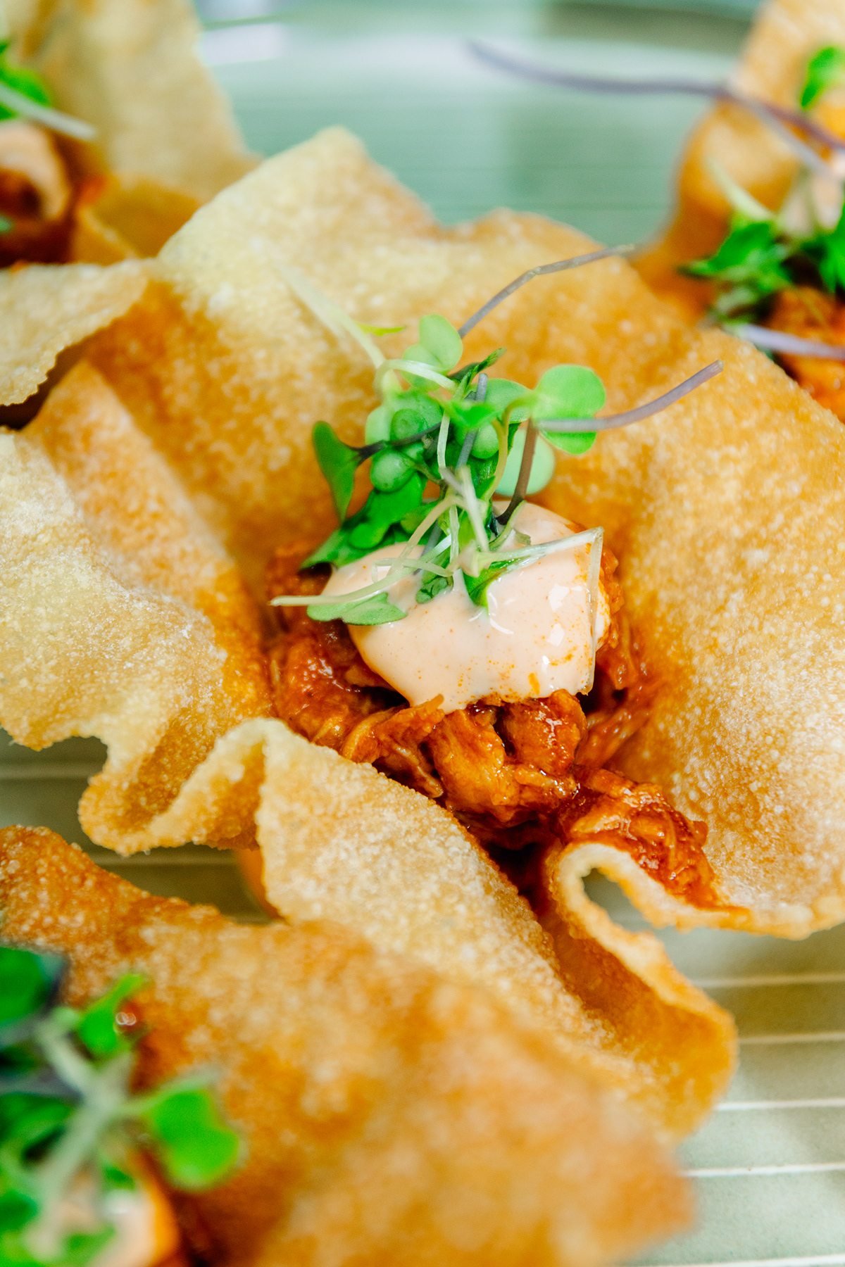 Mr Kong: obleas crujientes rellenas con salsa y brotes, en primer plano