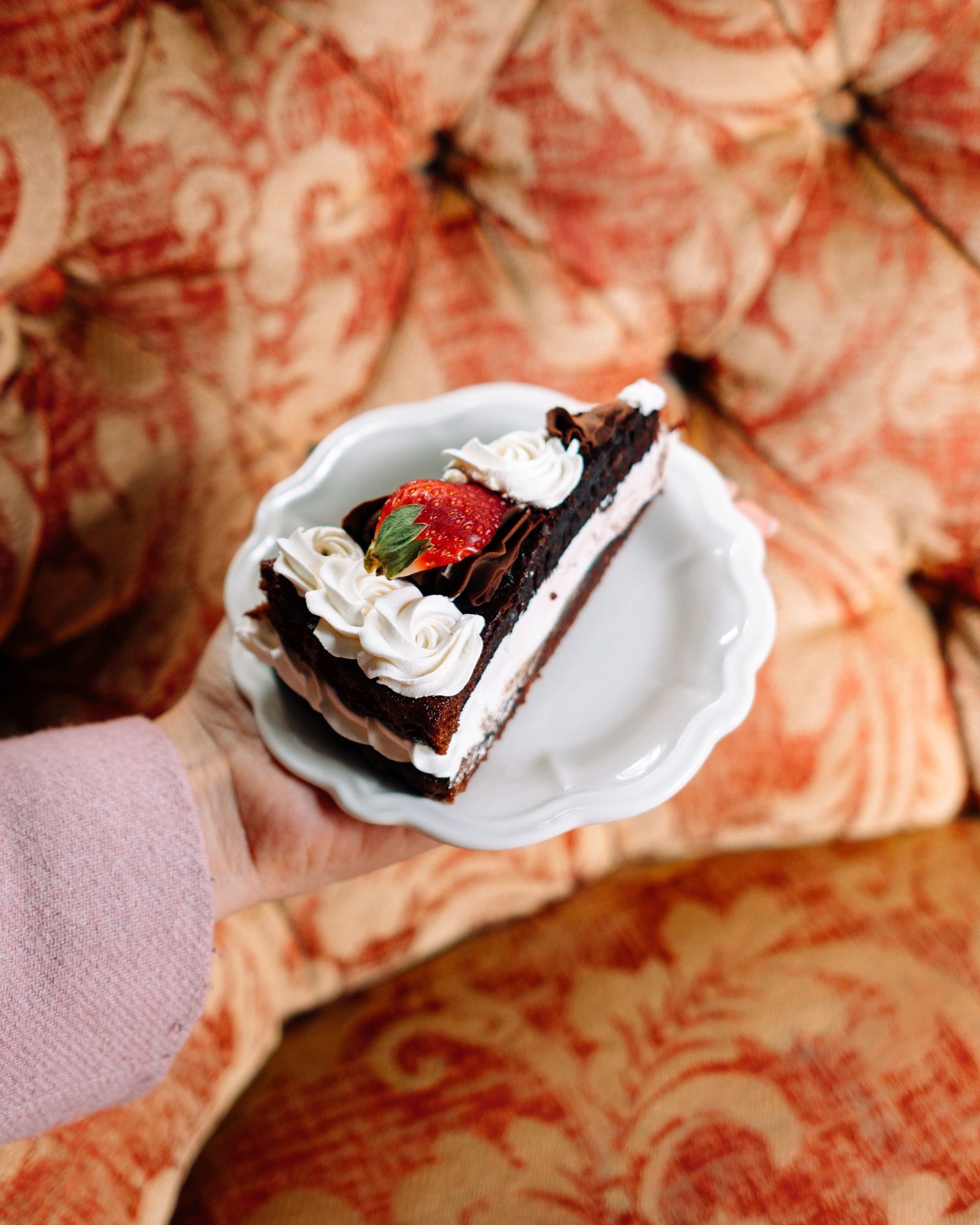 Pastel de chocolate espolvoreado y servido en un plato blanco.