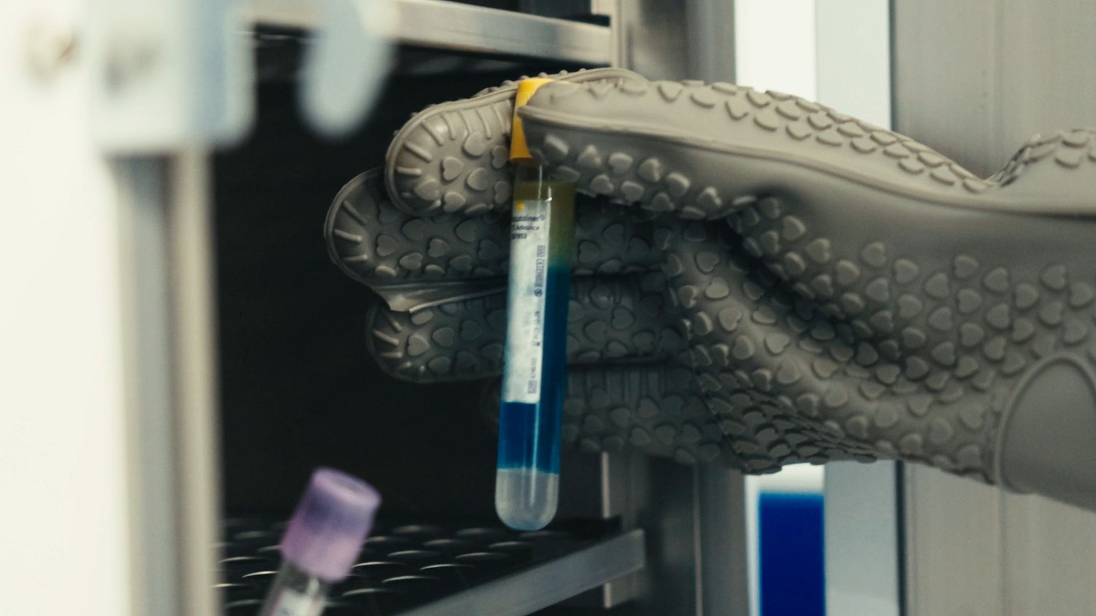 Mano con guante de laboratorio sostiene un tubo de ensayo con líquido azul.